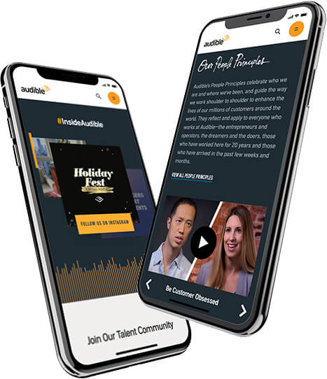 Two phones showing the Audible careers site