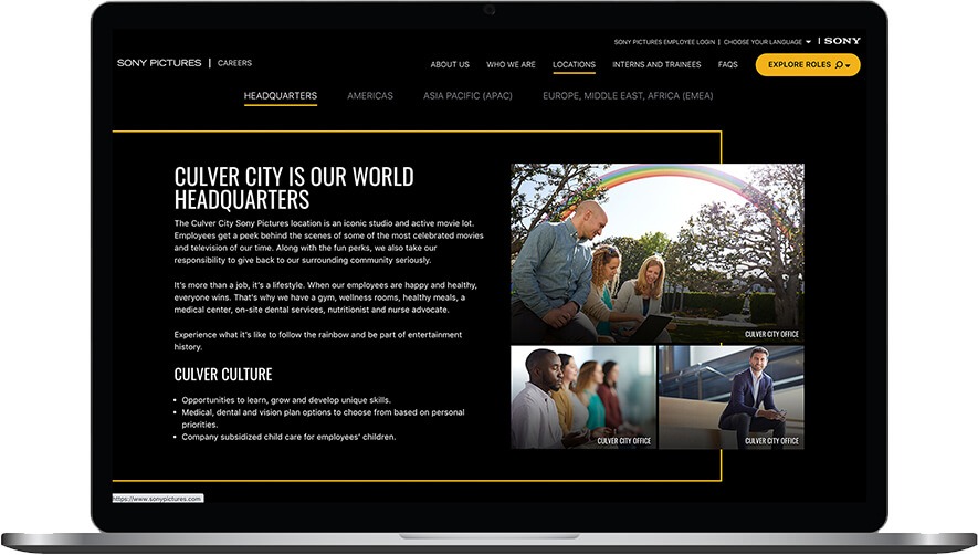 A computer showing a screenshot of the headquarters page of the SONY Pictures Career Site