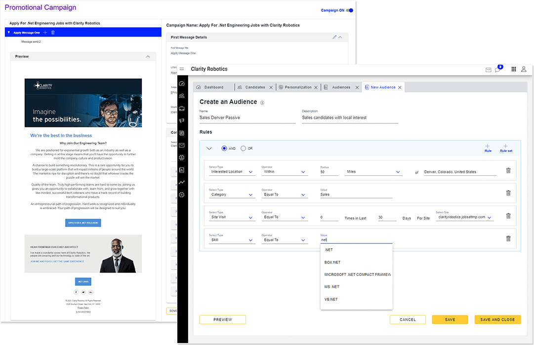 Um computador e um telefone mostrando um quadro de empregos com vagas para compartilhar e recursos de compartilhamento.