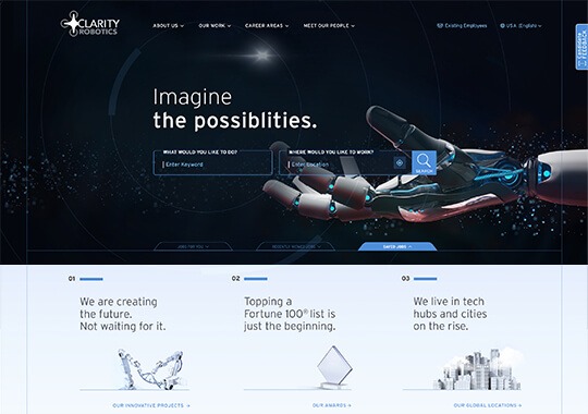 Uma maquete de site apresentando um robô e um design de mão envolvente e uma estratégia de recrutamento de uma empresa.